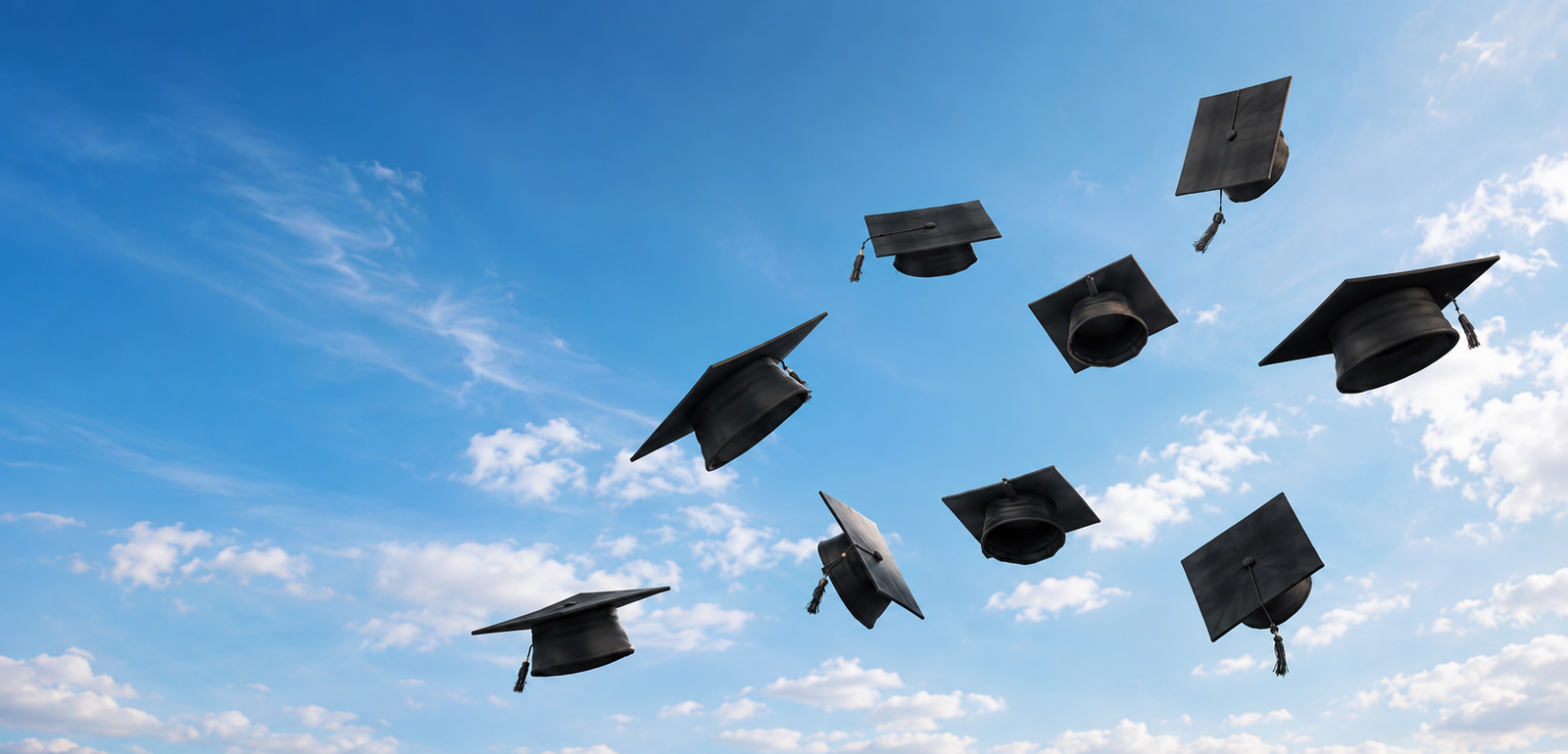 Graduation caps rising into a clear blue sky